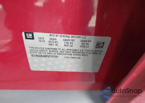 2015 Chevrolet Volt z USA, uszkodzony, nr VIN 1G1RC6E48FU137761